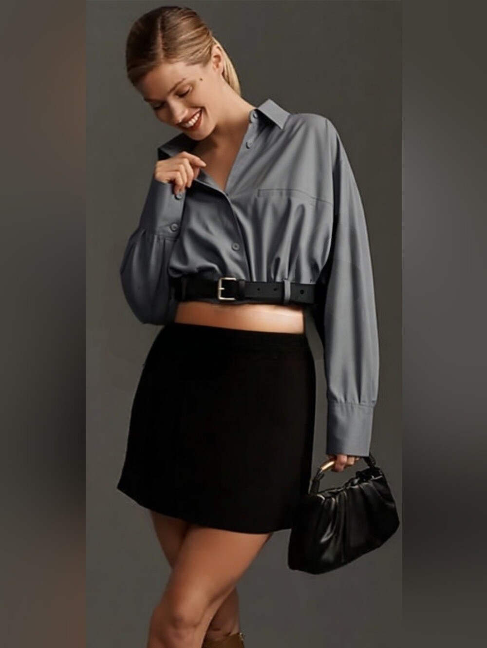 NWT Zara Gray Cropped Button Down Shirt with Black Belt